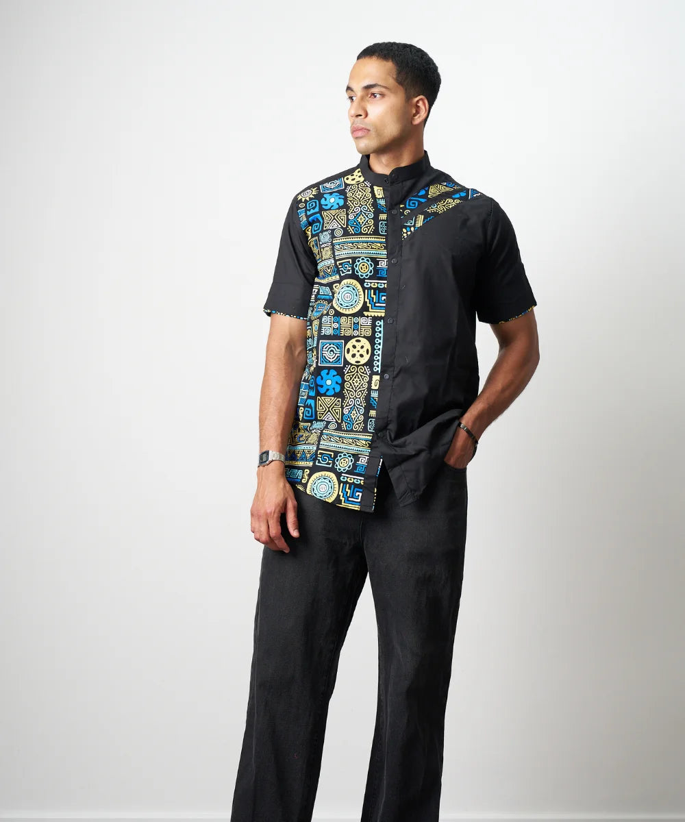 Ankara Men’s Black Shirt with Blue & Gold Tribal Panel