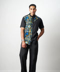 Ankara Men’s Black Shirt with Blue & Gold Tribal Panel