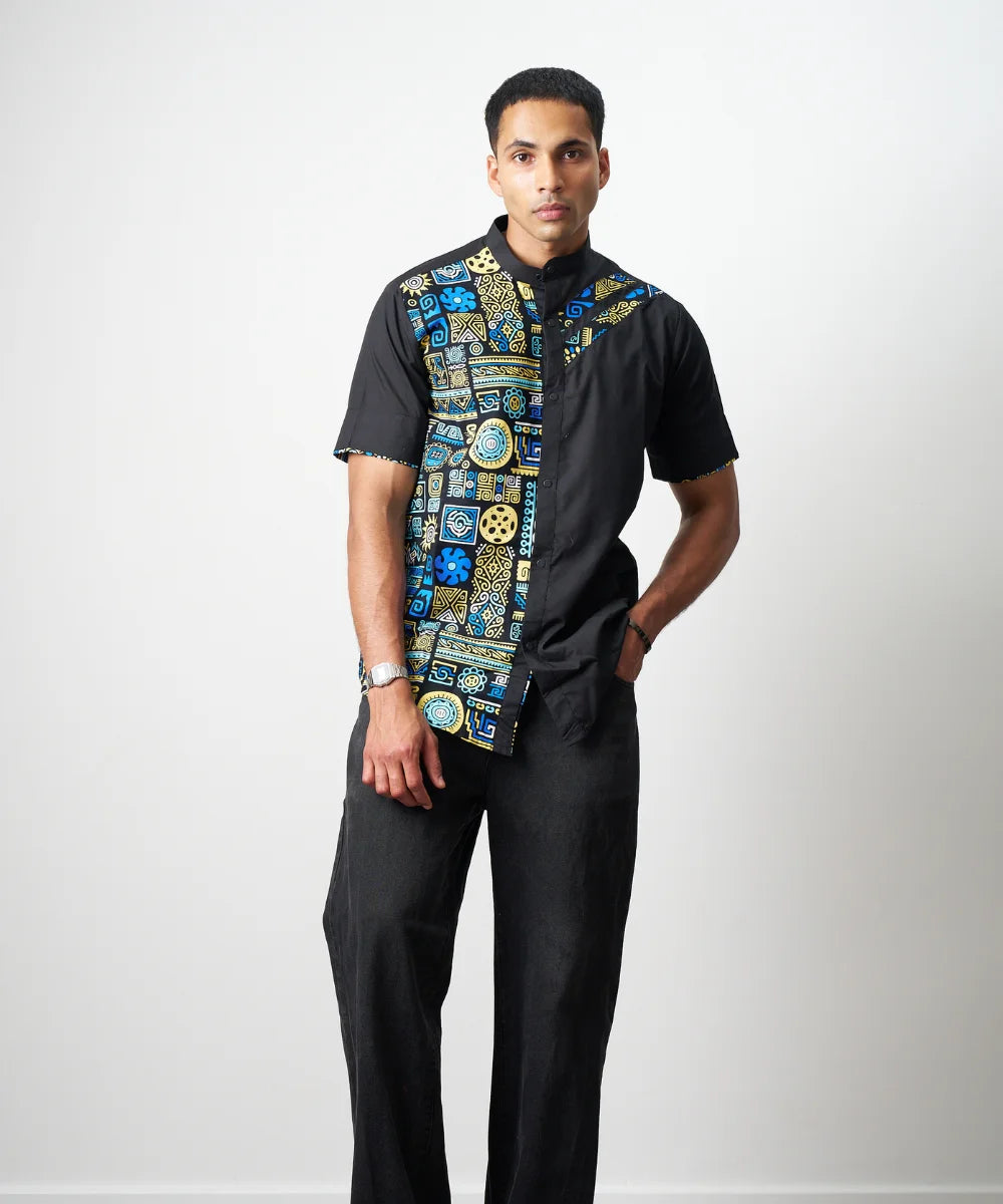 Ankara Men’s Black Shirt with Blue & Gold Tribal Panel