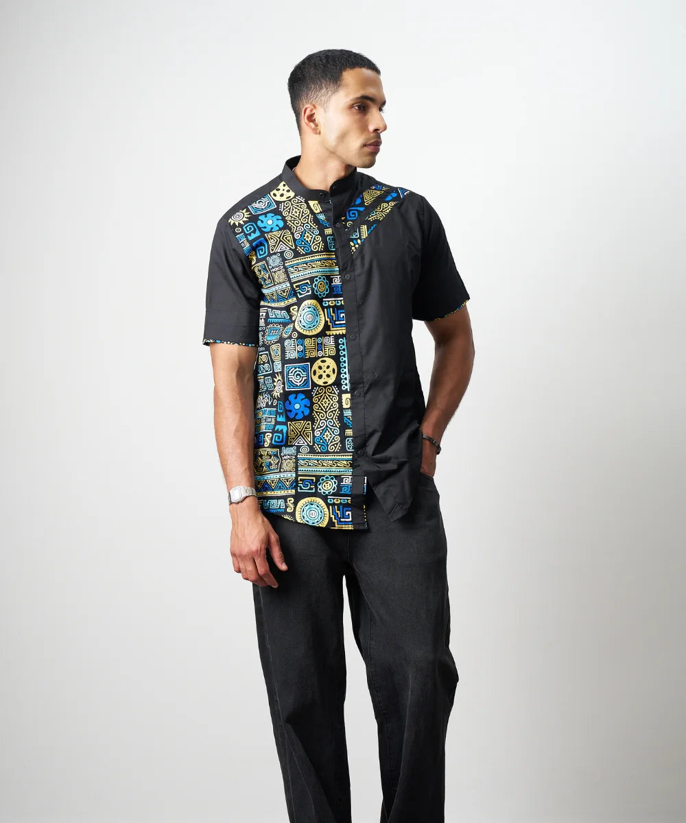 Ankara Men’s Black Shirt with Blue & Gold Tribal Panel