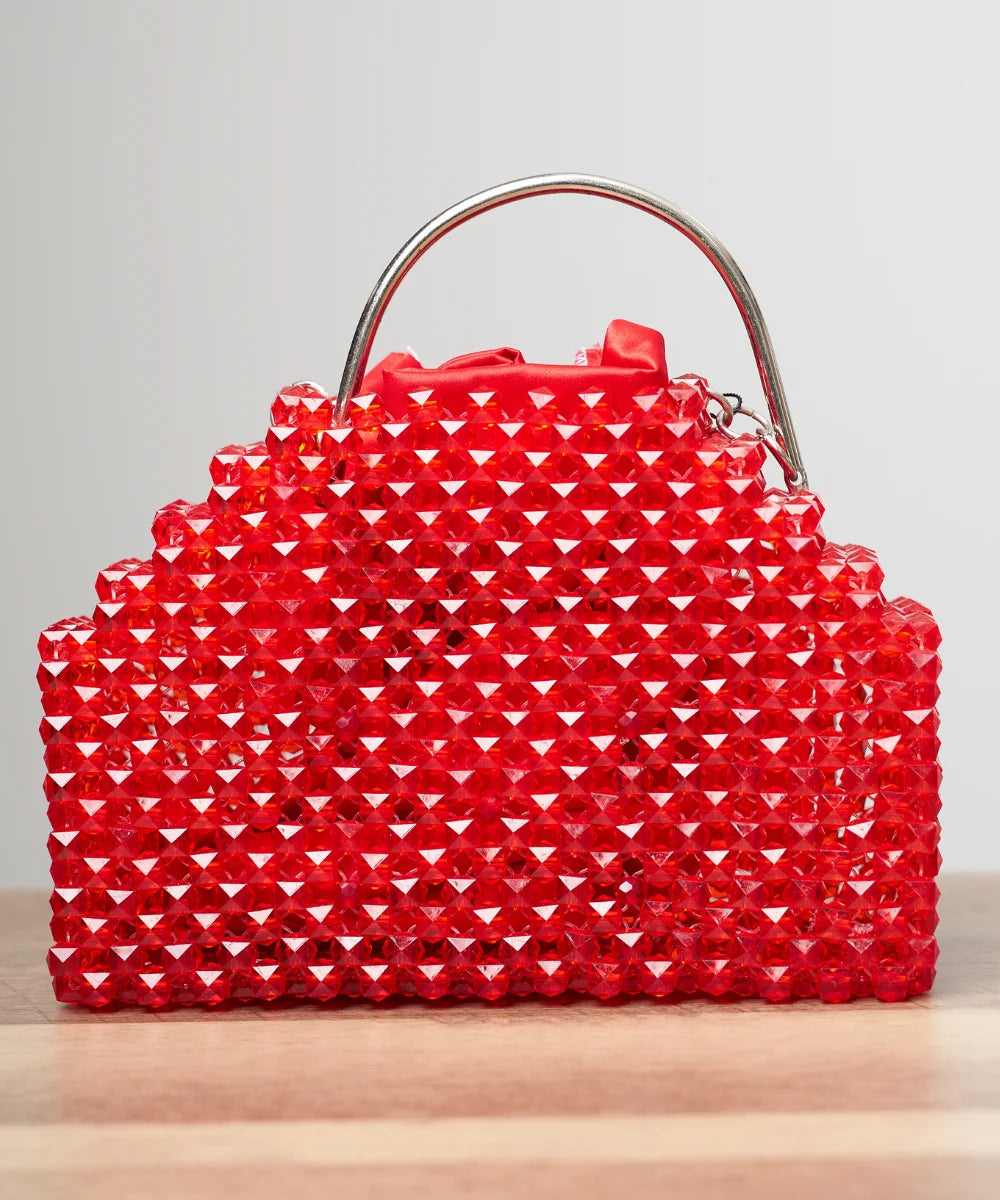 Handcrafted Faceted Beaded Top-Handle Bag with Satin Pouch
