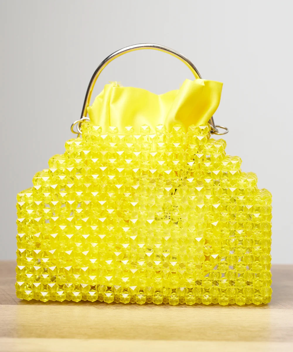 Handcrafted Faceted Beaded Top-Handle Bag with Satin Pouch