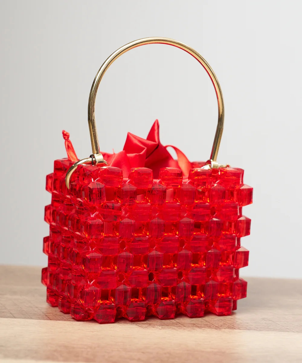 Handcrafted Beaded Box Bag with Satin Pouch
