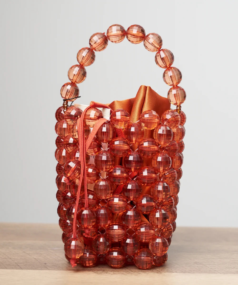 Handcrafted Faceted Beaded Bucket Mini Bag with Top Handle