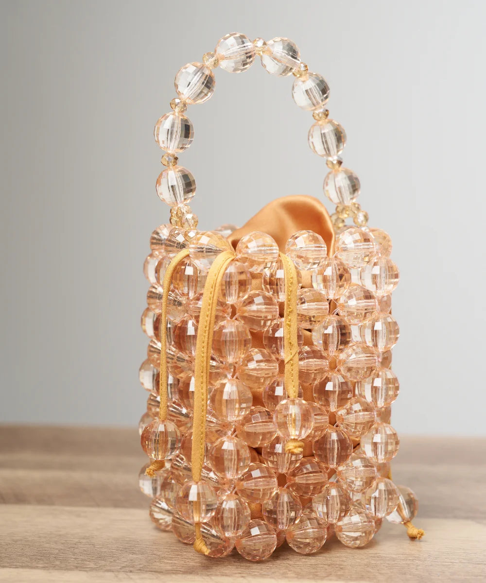 Handcrafted Beaded Bucket Mini Bag with Satin Drawstring