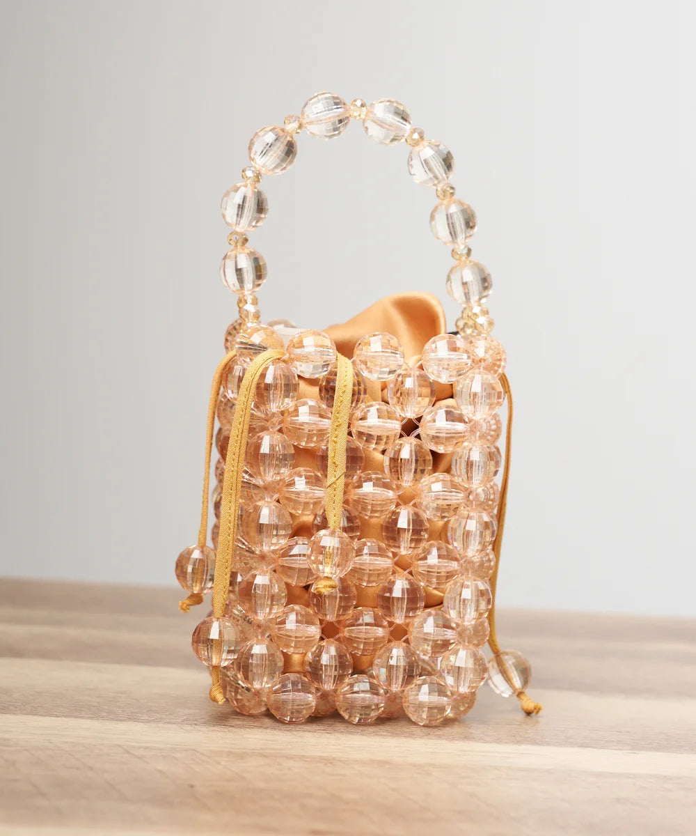 Handcrafted Beaded Bucket Mini Bag with Satin Drawstring