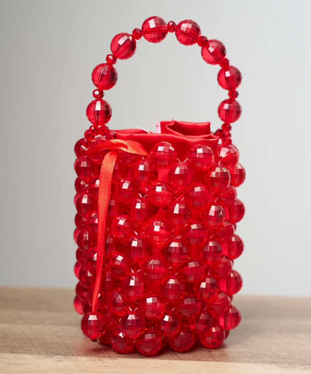 Handcrafted Beaded Bucket Mini Bag with Satin Drawstring