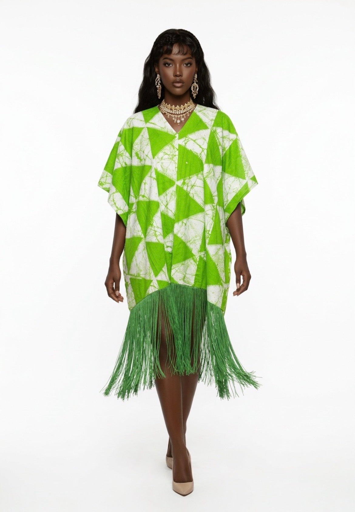 Ankara vneck fringe dress