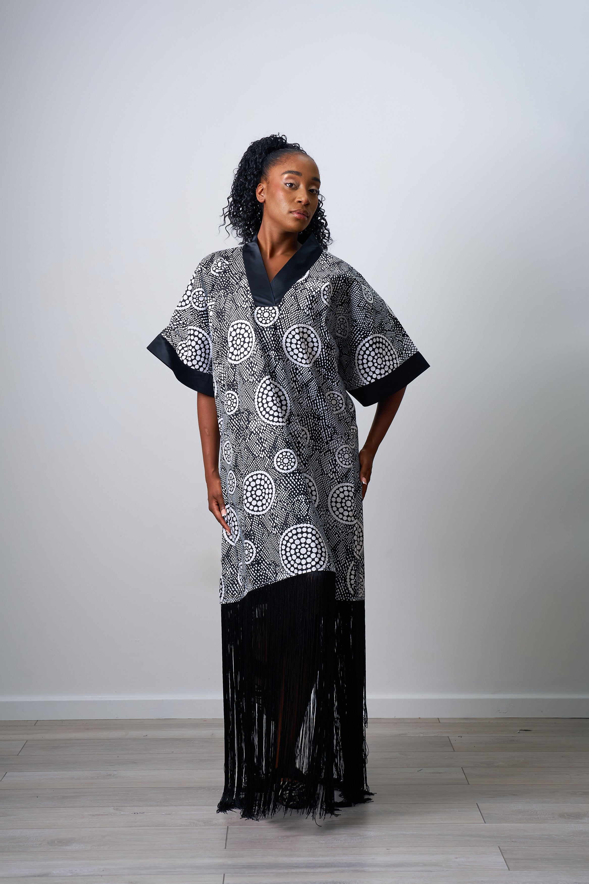 Vneck gown with fringe