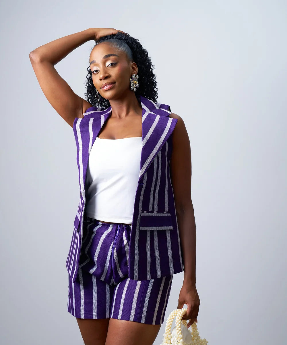 Purple Striped Blazer & Shorts Co-Ord Set